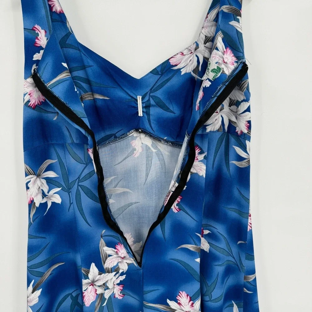 Two Palms Vtg Blue Midnight Orchid Floral Midi H-Strap Dress Women's M